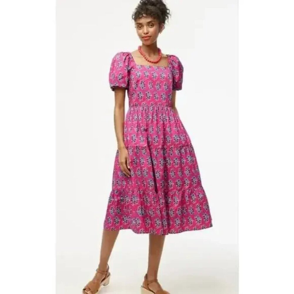 NWT J. Crew Pink Floral Print Tiered Puff Sleeve Midi Dress Side 8
